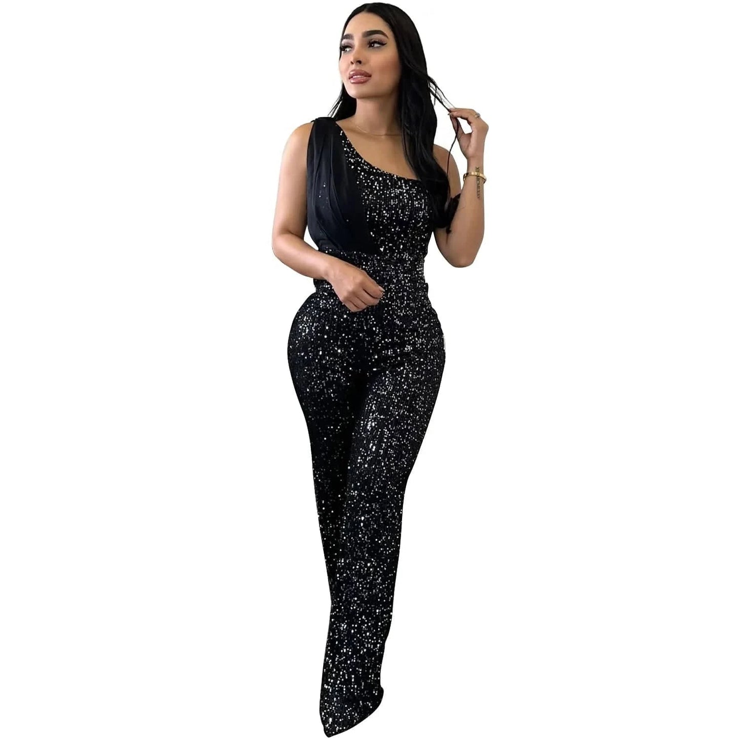 2024 New European and American Fashion Women's Solid Color Sleeveless Single Shoulder Sequin Pants Women Jumpsuit