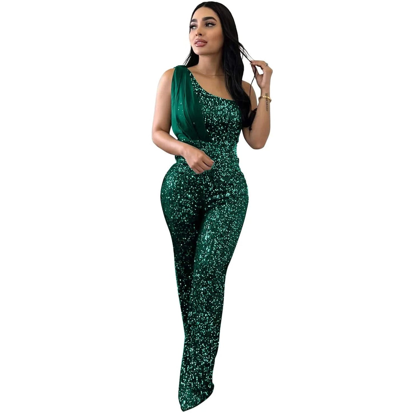 2024 New European and American Fashion Women's Solid Color Sleeveless Single Shoulder Sequin Pants Women Jumpsuit