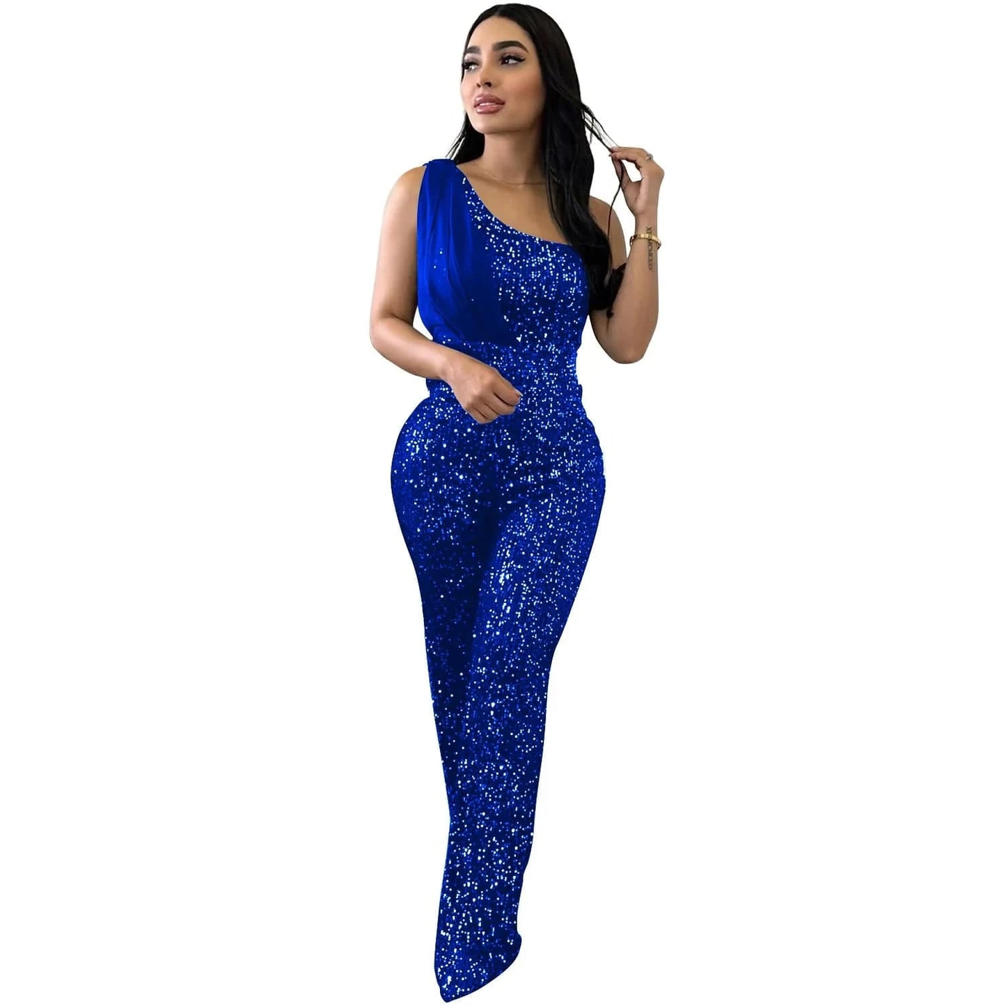 2024 New European and American Fashion Women's Solid Color Sleeveless Single Shoulder Sequin Pants Women Jumpsuit