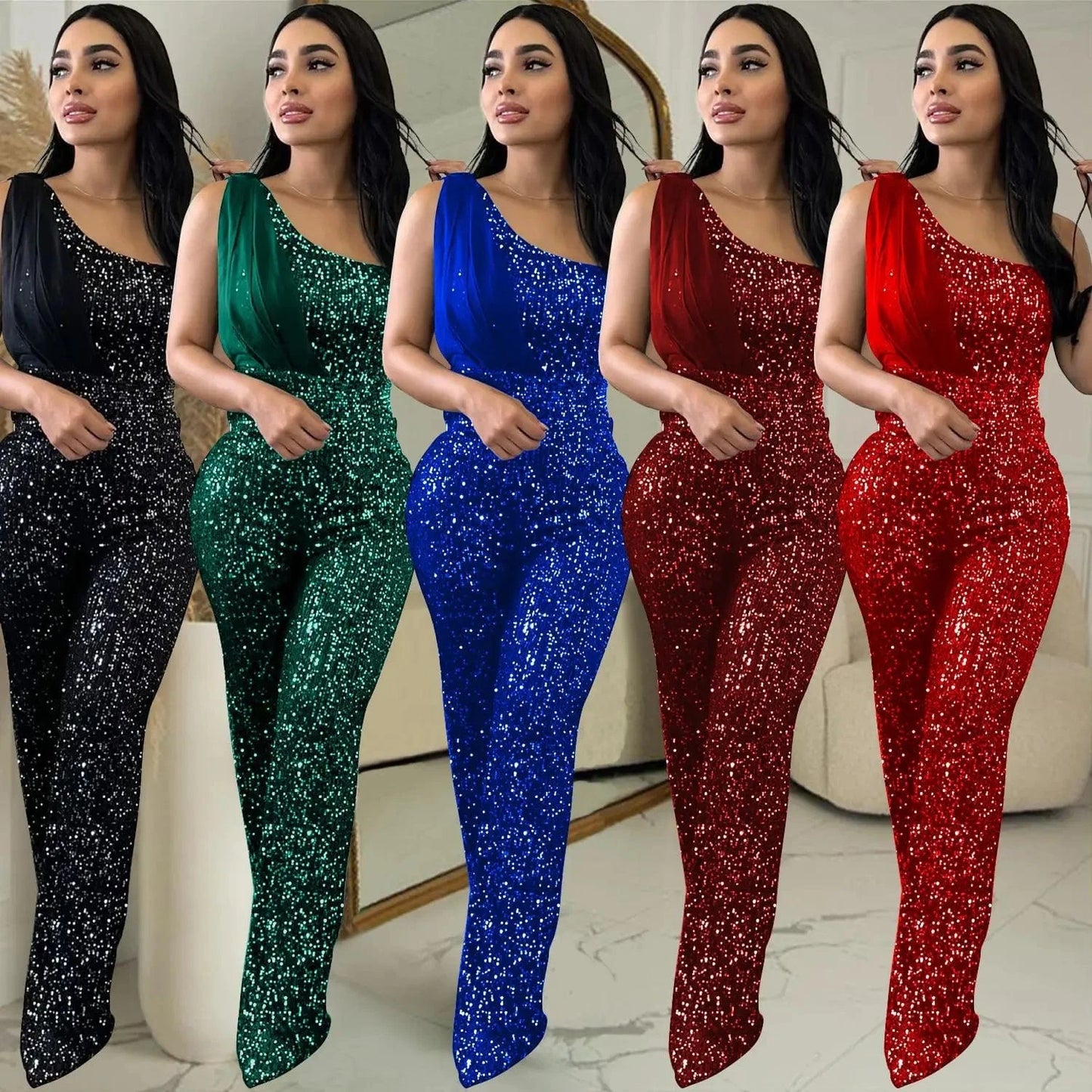 2024 New European and American Fashion Women's Solid Color Sleeveless Single Shoulder Sequin Pants Women Jumpsuit