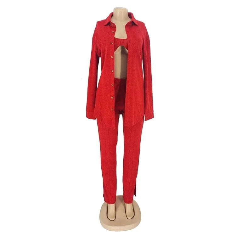 2024 New Fashion 3 Piece Outfits Matching Sets Women Knit Cardigan Cropped Bra Tops Flare Spilt Pants