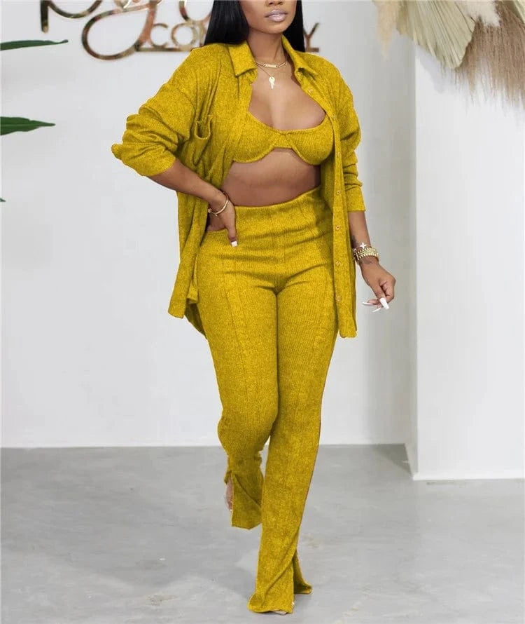 2024 New Fashion 3 Piece Outfits Matching Sets Women Knit Cardigan Cropped Bra Tops Flare Spilt Pants