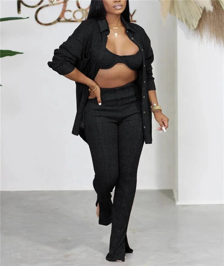 2024 New Fashion 3 Piece Outfits Matching Sets Women Knit Cardigan Cropped Bra Tops Flare Spilt Pants