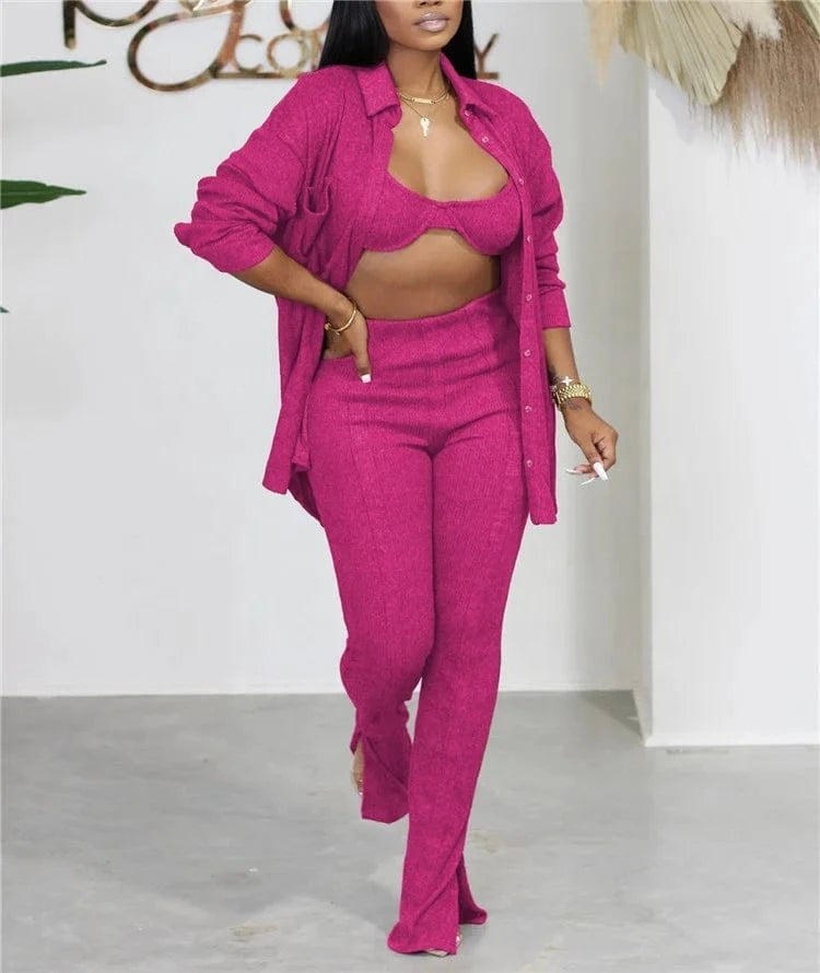 2024 New Fashion 3 Piece Outfits Matching Sets Women Knit Cardigan Cropped Bra Tops Flare Spilt Pants