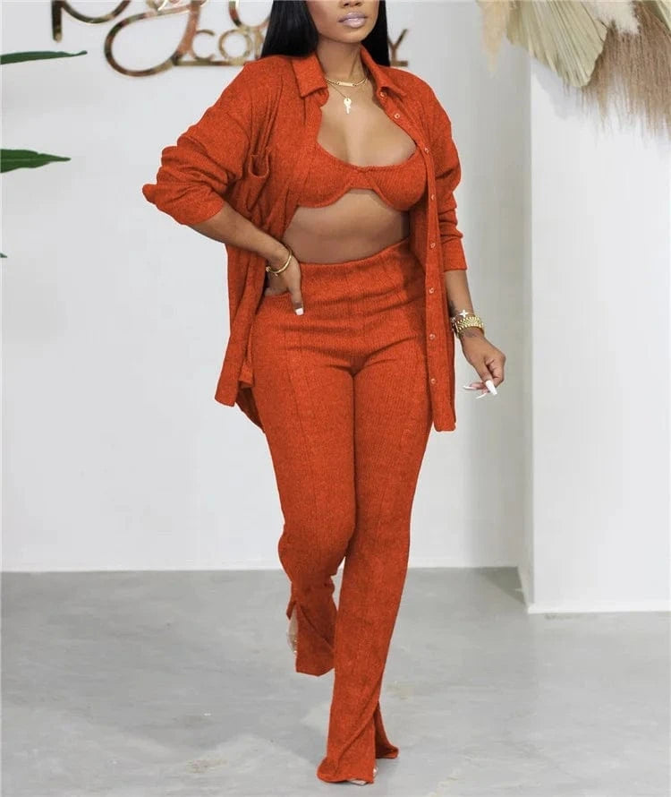 2024 New Fashion 3 Piece Outfits Matching Sets Women Knit Cardigan Cropped Bra Tops Flare Spilt Pants