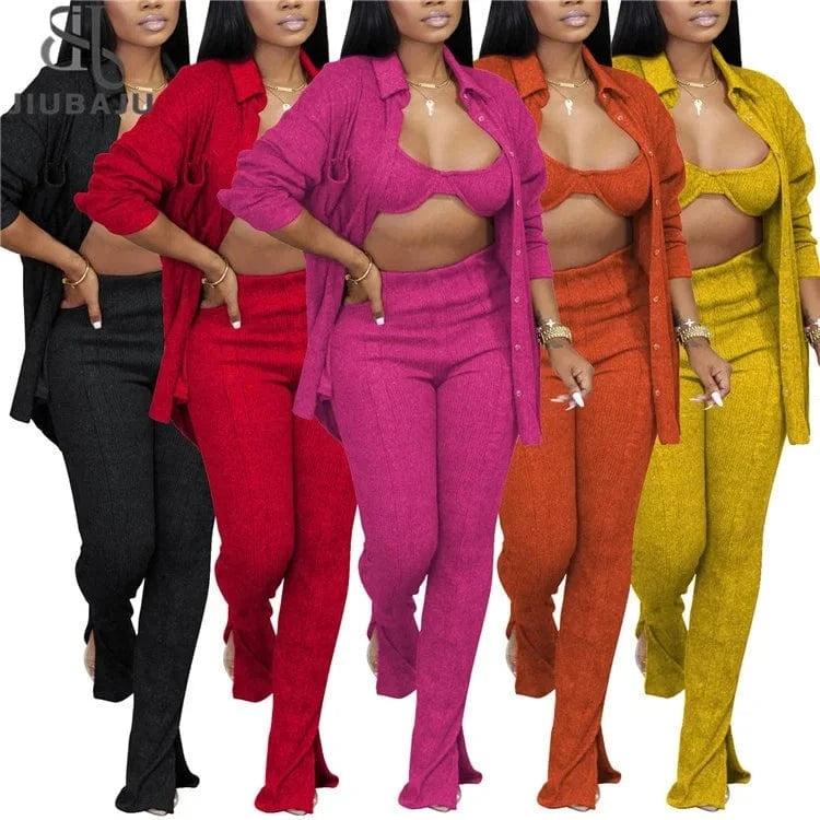2024 New Fashion 3 Piece Outfits Matching Sets Women Knit Cardigan Cropped Bra Tops Flare Spilt Pants