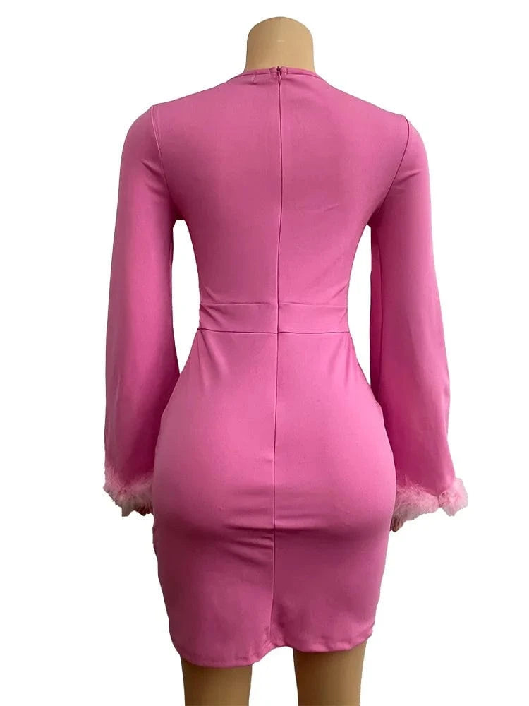 2024 New Fashion Faux Fur Flare Sleeve Dress Long Sleeve Casual Dress Solid Color Bodycon Short Dress For Women