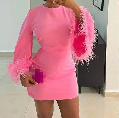 2024 New Fashion Faux Fur Flare Sleeve Dress Long Sleeve Casual Dress Solid Color Bodycon Short Dress For Women