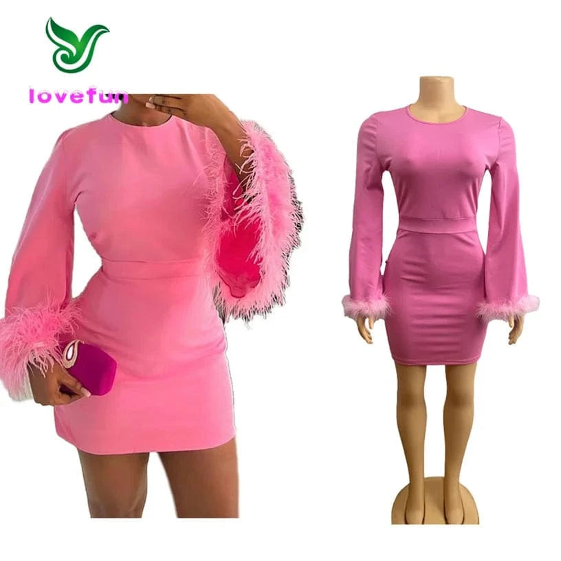 2024 New Fashion Faux Fur Flare Sleeve Dress Long Sleeve Casual Dress Solid Color Bodycon Short Dress For Women