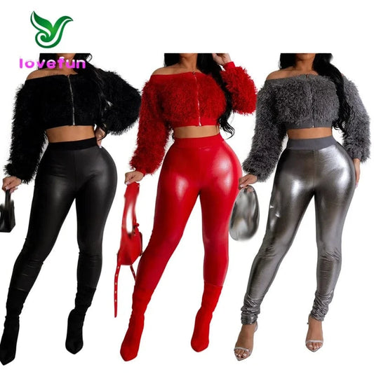 2024 New Fashion Faux Fur Tops 2 Piece Set Spring Women's Clothing Off Shoulder Crop Top+High Waist Pu Pants Set