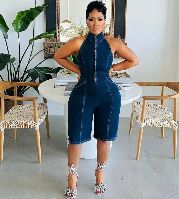 2024 New Fashion Jean Women Summer Clothing Solid Color Mock Neck Half Zip Up Jumpsuit Sleeveless One Piece Stretch Denim Romper