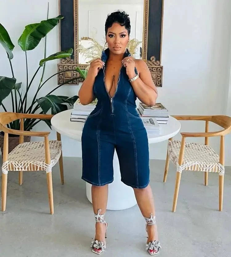 2024 New Fashion Jean Women Summer Clothing Solid Color Mock Neck Half Zip Up Jumpsuit Sleeveless One Piece Stretch Denim Romper