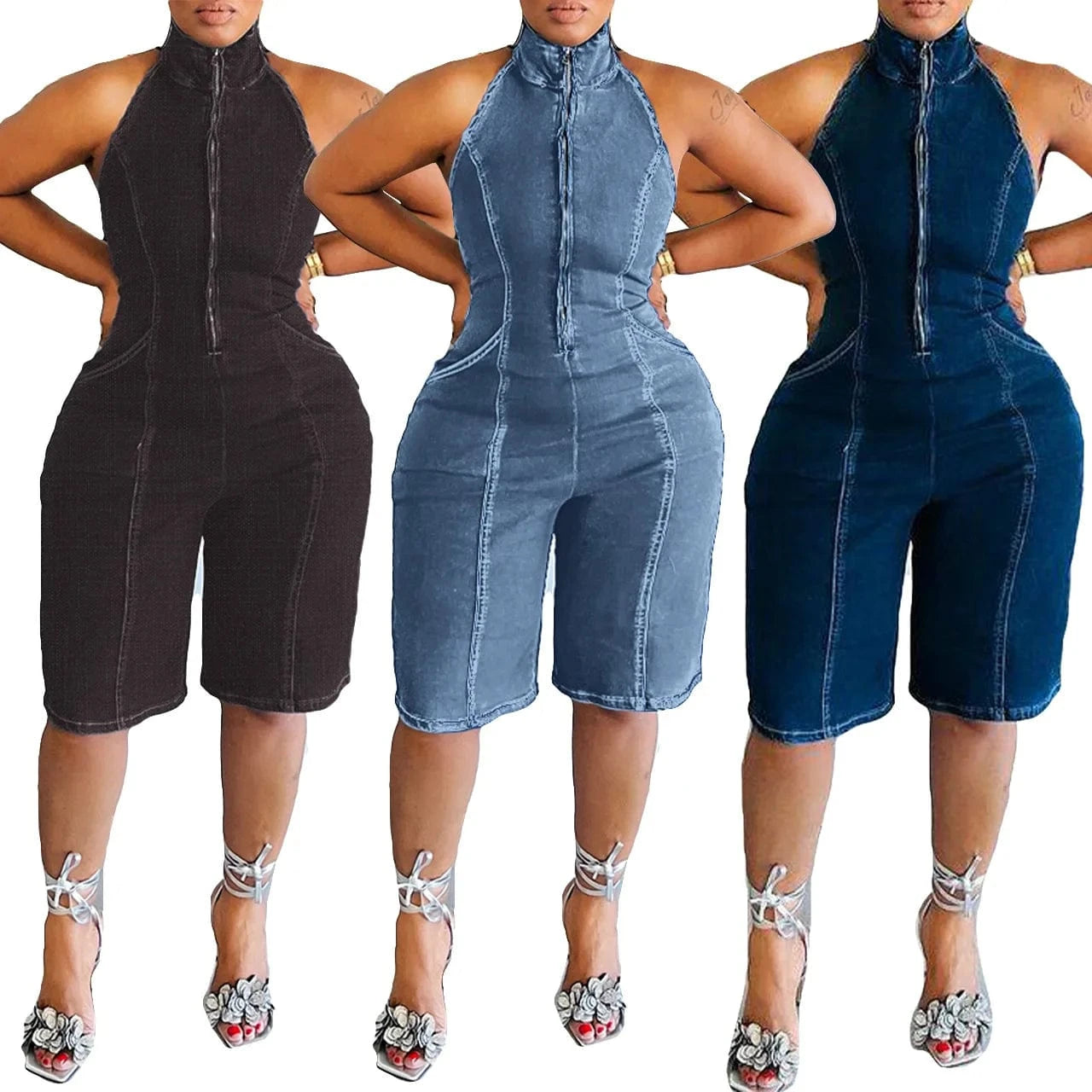 2024 New Fashion Jean Women Summer Clothing Solid Color Mock Neck Half Zip Up Jumpsuit Sleeveless One Piece Stretch Denim Romper