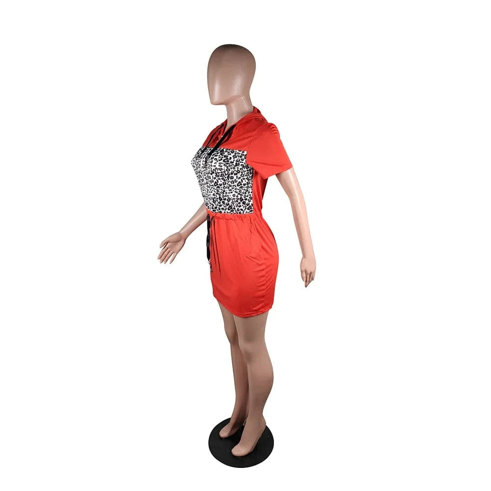 2024 New Fashion Patchwork Leopard Print Dress Short Sleeve Bodycon Dress Women Drawstring Hooded Dresses