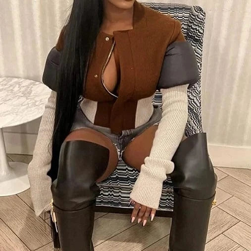 2024 New Fashion Patchwork Zip Up Coat Streetwear Slim Fit Short Jacket Trendy Winter Warm Thick Women's Coat