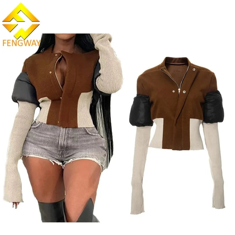 2024 New Fashion Patchwork Zip Up Coat Streetwear Slim Fit Short Jacket Trendy Winter Warm Thick Women's Coat