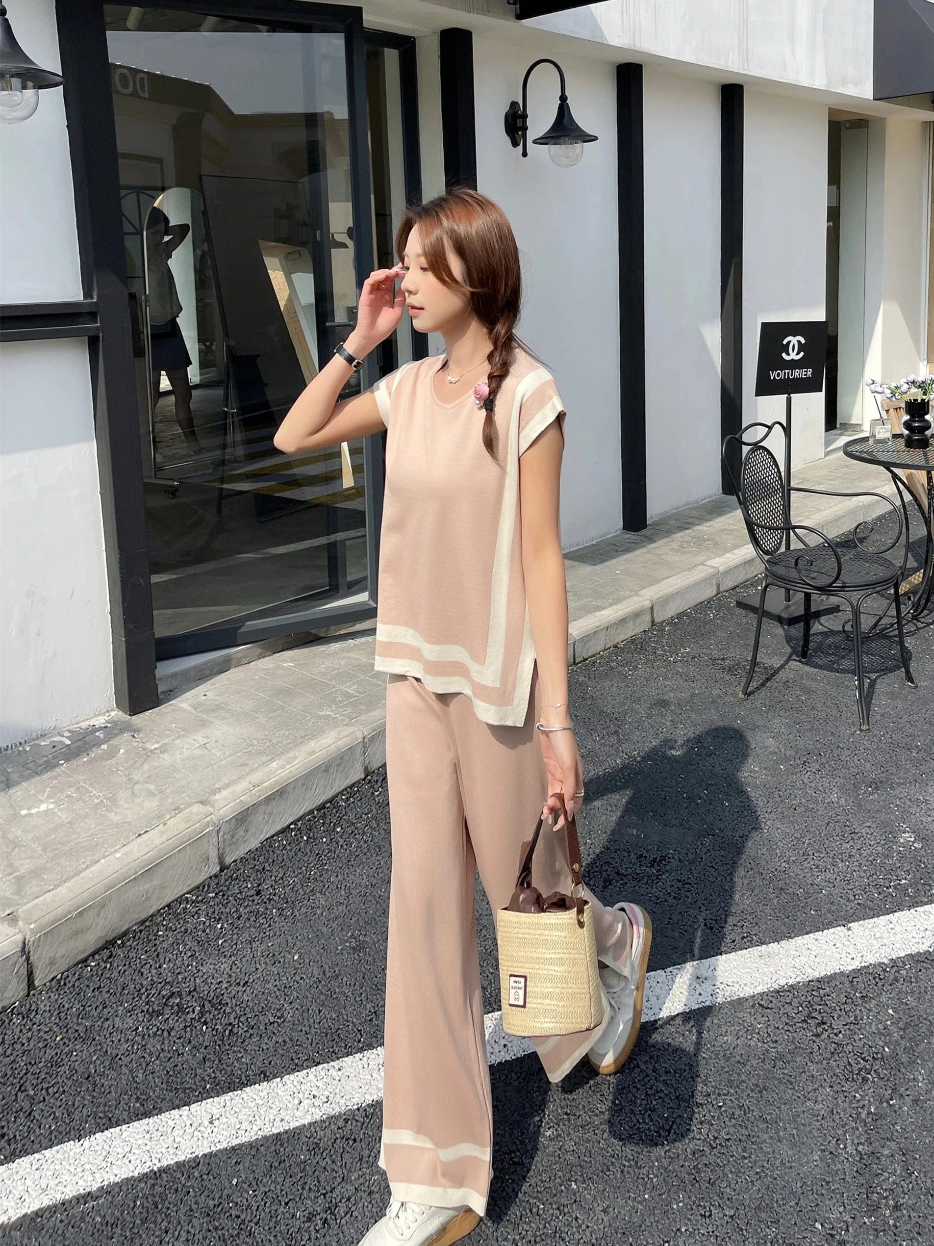 2024 New Fashion Simple Splicing Loose Shawl Sleeves Sweater Top High Waist Slimming Wide Leg Pants Two Piece Set