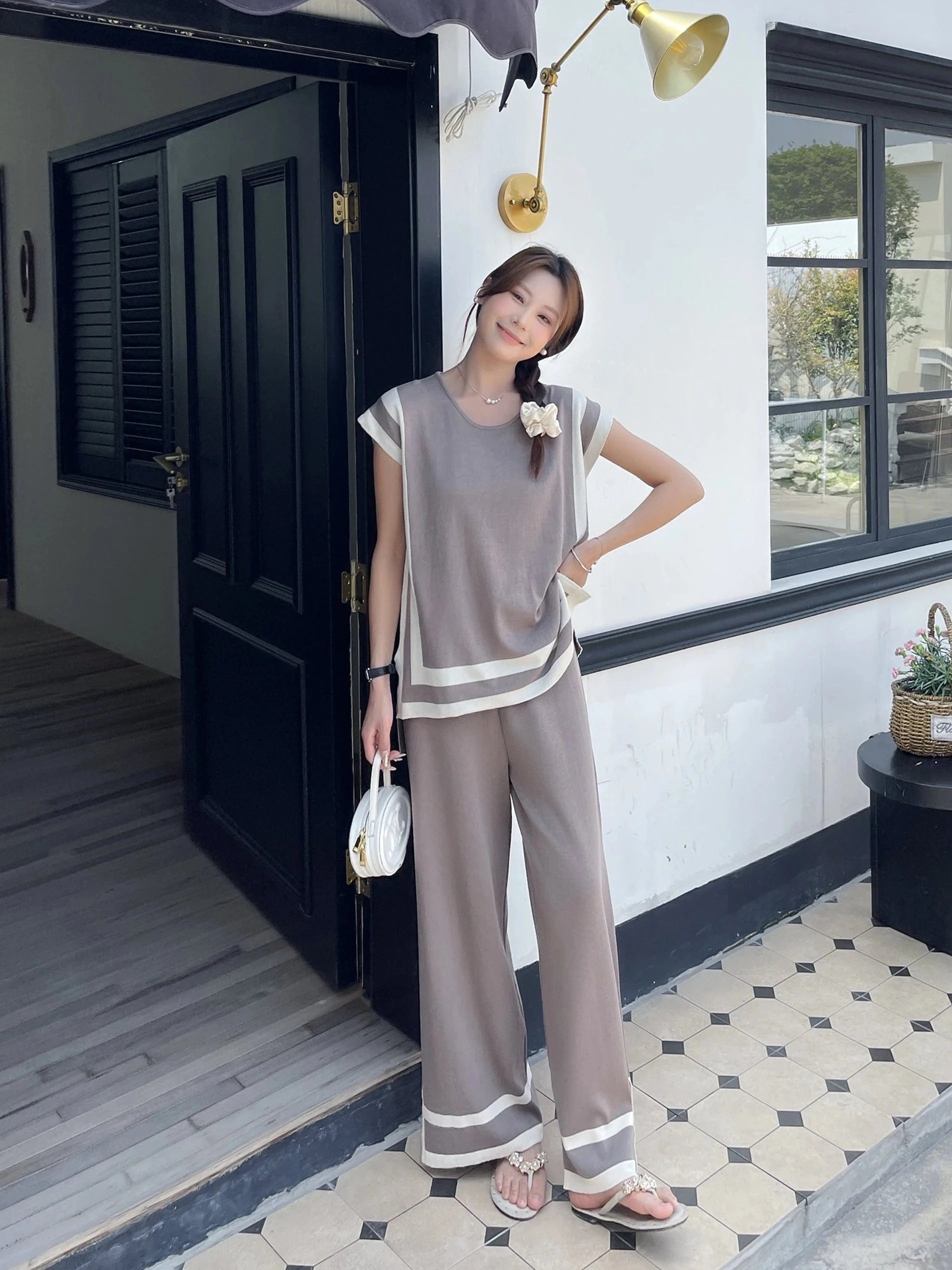 2024 New Fashion Simple Splicing Loose Shawl Sleeves Sweater Top High Waist Slimming Wide Leg Pants Two Piece Set
