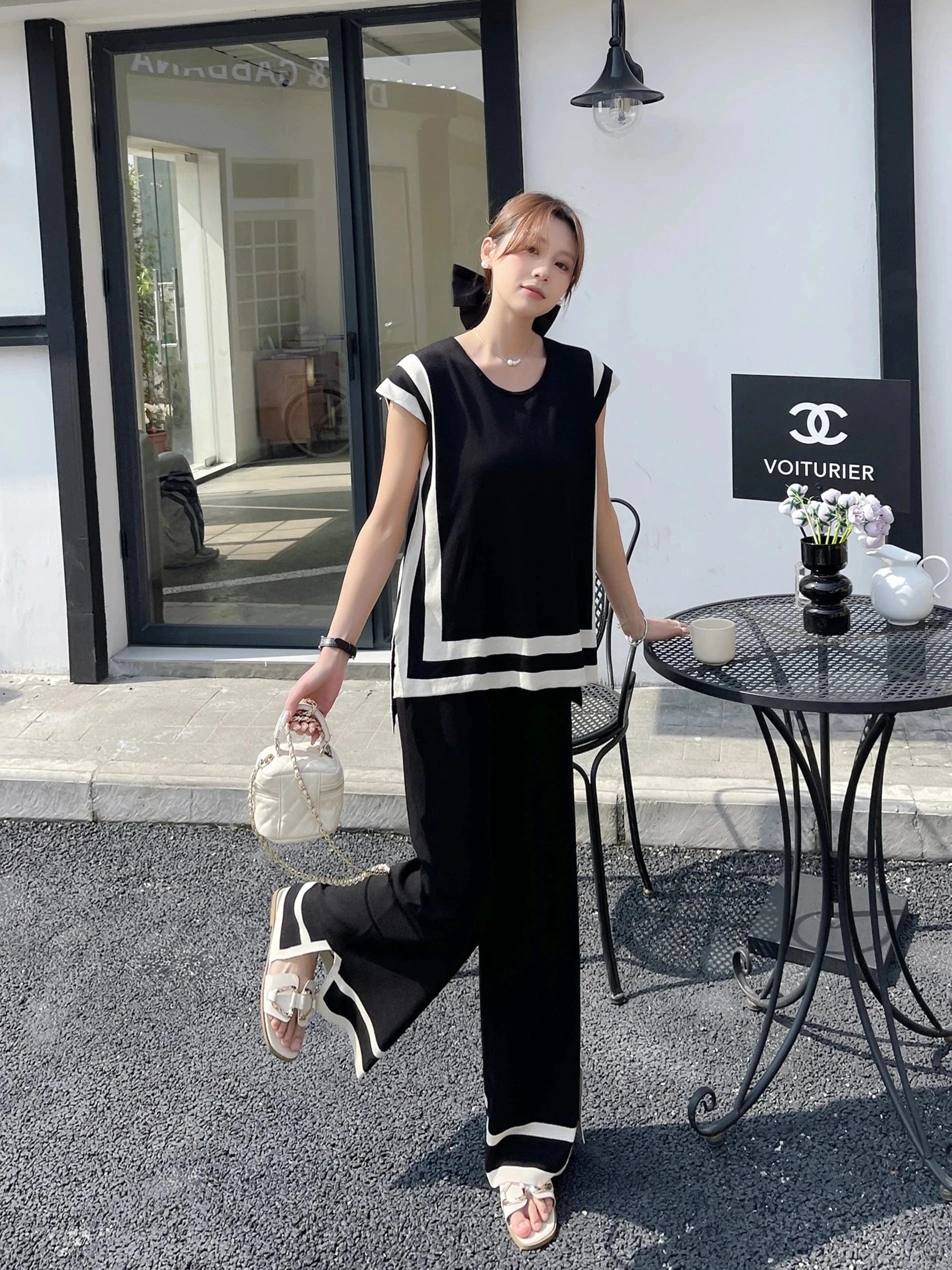 2024 New Fashion Simple Splicing Loose Shawl Sleeves Sweater Top High Waist Slimming Wide Leg Pants Two Piece Set