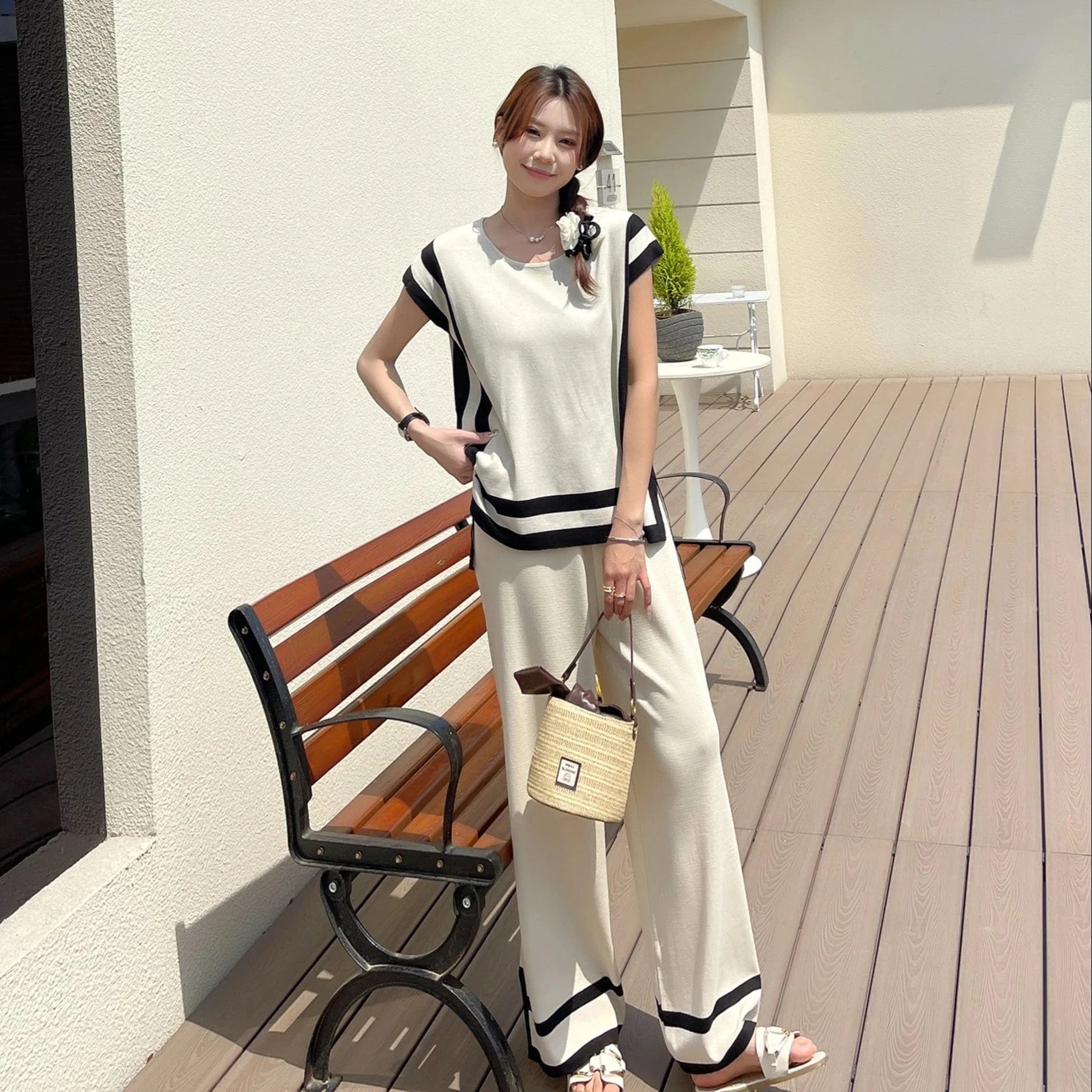 2024 New Fashion Simple Splicing Loose Shawl Sleeves Sweater Top High Waist Slimming Wide Leg Pants Two Piece Set