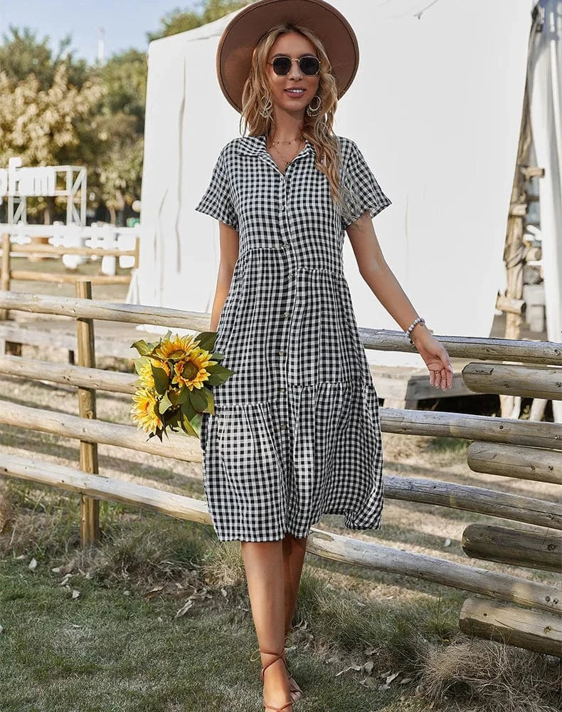 2024 New Fashion Women Lady Girls Summer Short Sleeve Long Dress Lapel Button Plaid Dress Shirt Collar Casual Shirt Dress