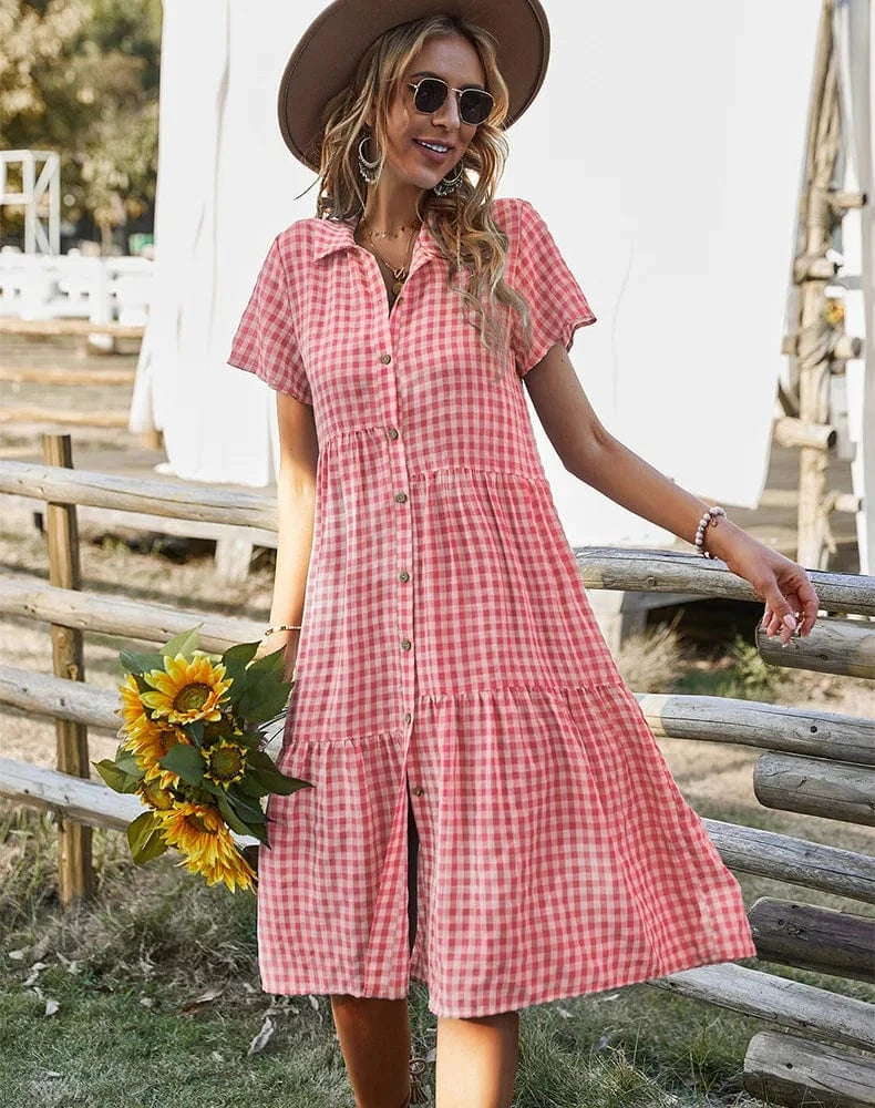 2024 New Fashion Women Lady Girls Summer Short Sleeve Long Dress Lapel Button Plaid Dress Shirt Collar Casual Shirt Dress