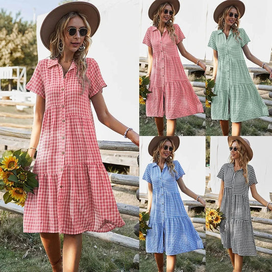 2024 New Fashion Women Lady Girls Summer Short Sleeve Long Dress Lapel Button Plaid Dress Shirt Collar Casual Shirt Dress
