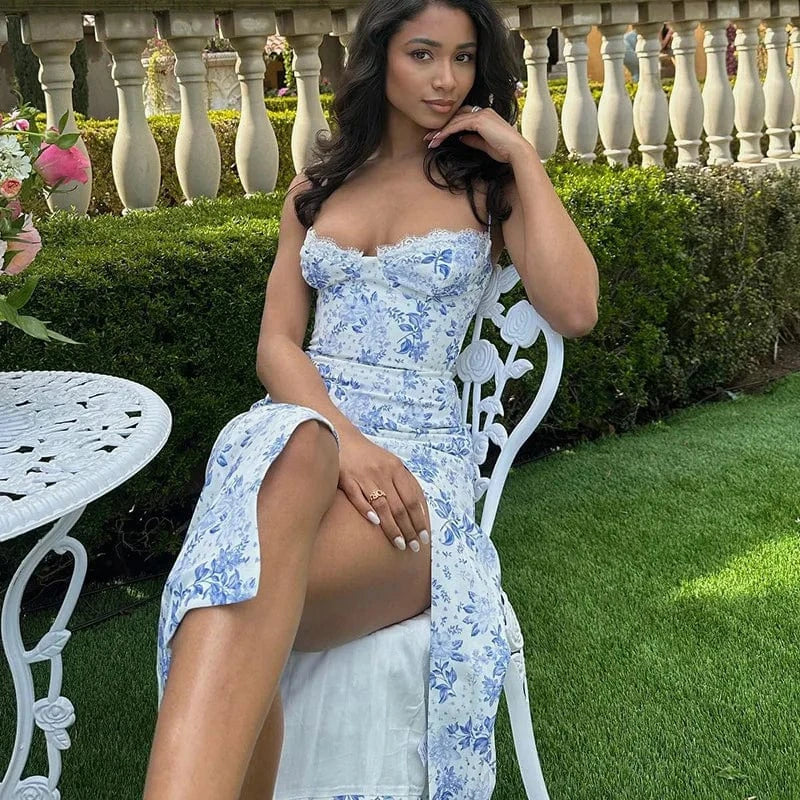 2024 New Fashion Women Lady Summer Sleeveless Collarless A-line Fashion Floral Split The Sling Milk Fiber Casual Dress