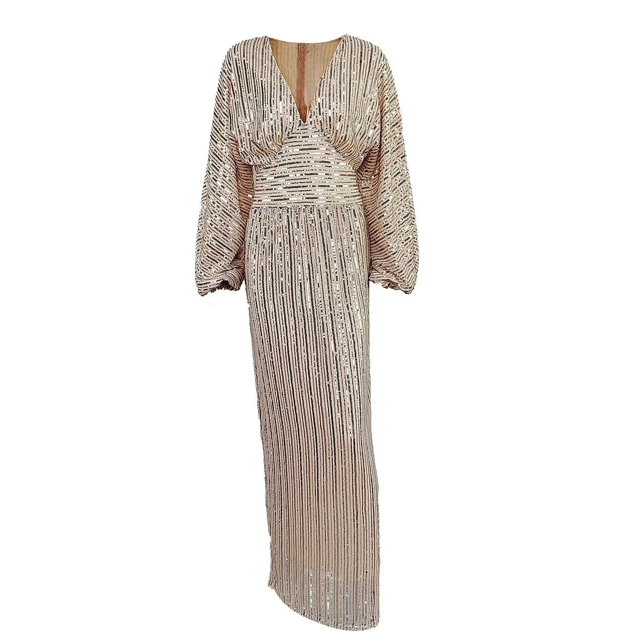 2024 New Fashion Women Sexy V-neck Puff Long Sleeve Sequined Slim Waist Long Dress Lady Evening Party Dress