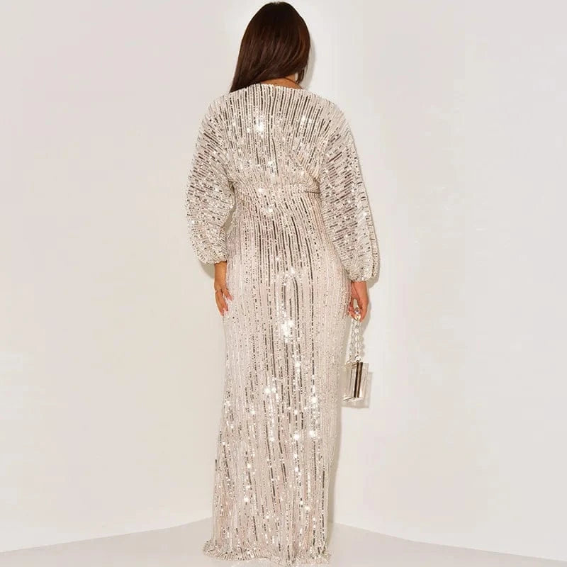 2024 New Fashion Women Sexy V-neck Puff Long Sleeve Sequined Slim Waist Long Dress Lady Evening Party Dress