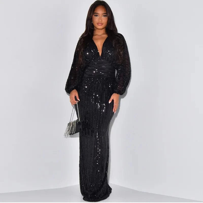 2024 New Fashion Women Sexy V-neck Puff Long Sleeve Sequined Slim Waist Long Dress Lady Evening Party Dress