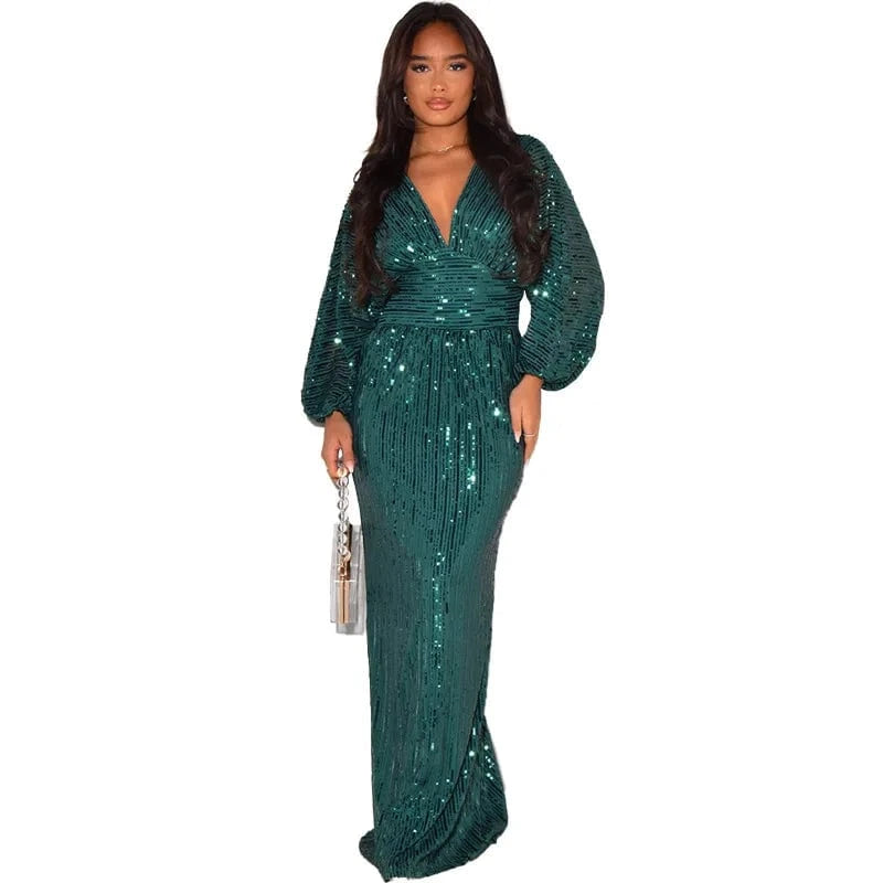 2024 New Fashion Women Sexy V-neck Puff Long Sleeve Sequined Slim Waist Long Dress Lady Evening Party Dress