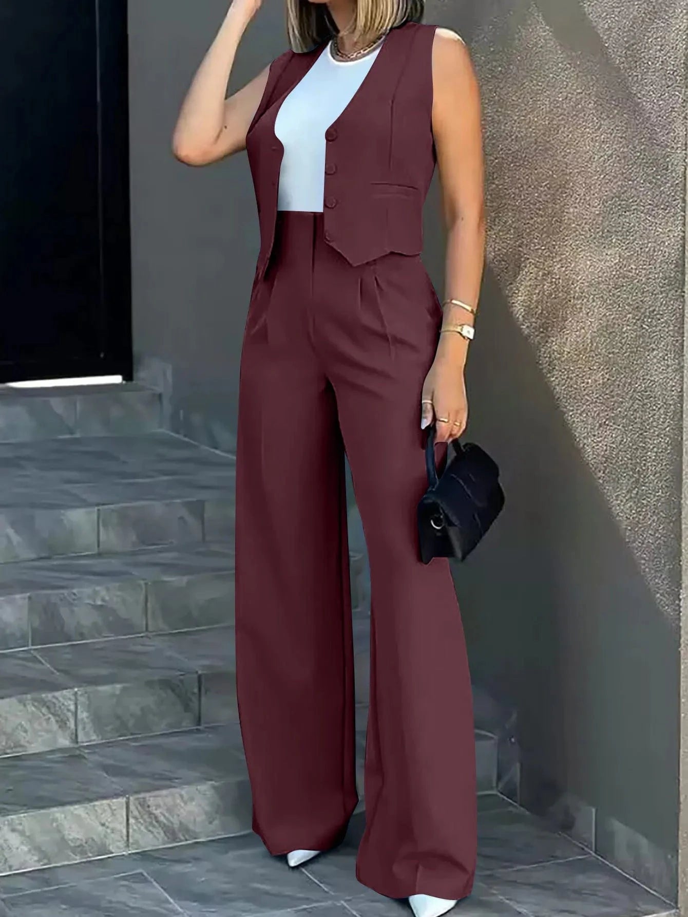 2024 New Fashion Women Summer Sleeveless Long Pants Button Solid Color Top +Trousers 2 Pieces Set Casual Suits
