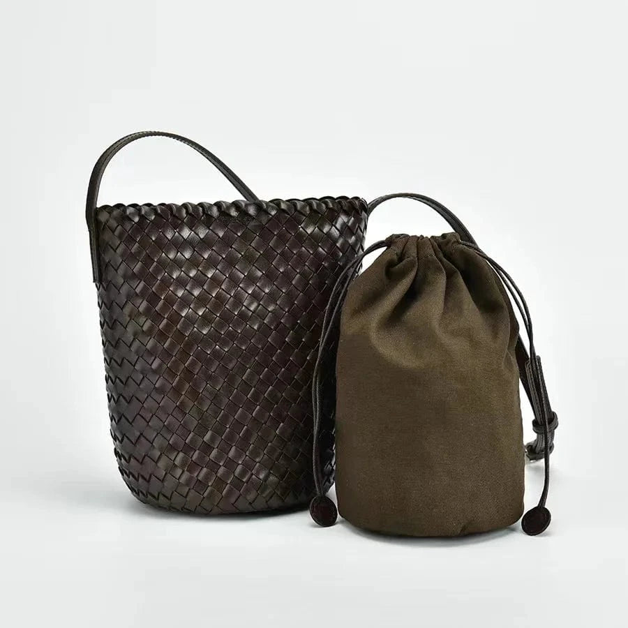 2024 New Head Layer Calf Leather Handmade Woven Bucket Handbag Genuine Leather Retro Cylinder Single Shoulder Crossbody Bags