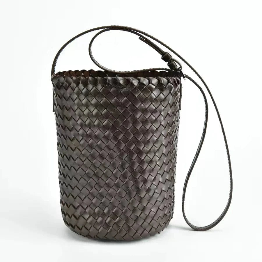 2024 New Head Layer Calf Leather Handmade Woven Bucket Handbag Genuine Leather Retro Cylinder Single Shoulder Crossbody Bags