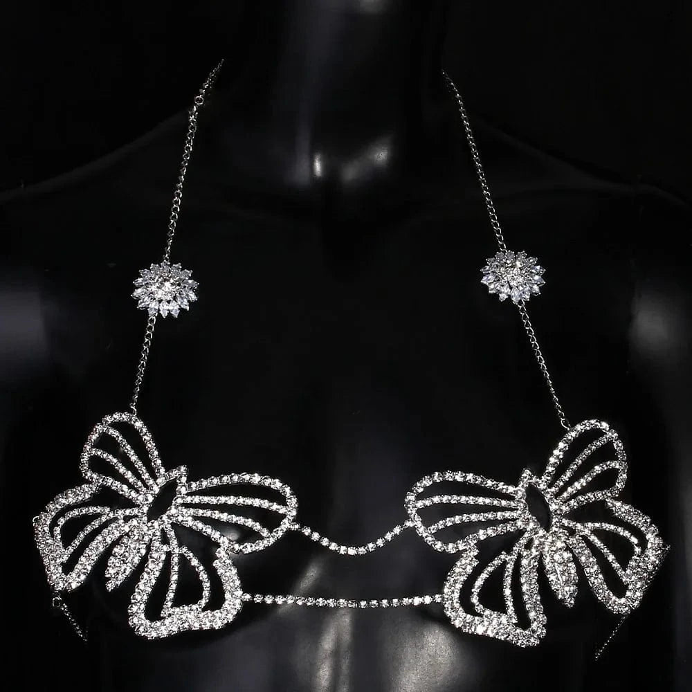 2024 New Item Full Diamond Crystal Flower Butterfly Breast Chain Sexy Bikini Rhinestone Bra Chain Body Chain Women