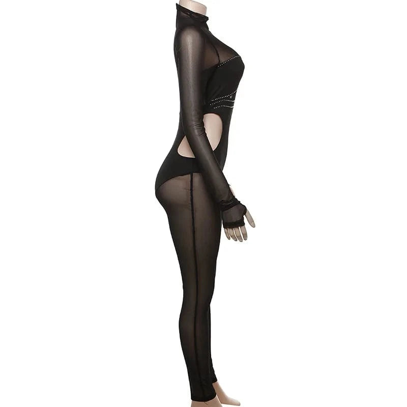 2024 New Ladies Wear Clothes Sexy Mesh Rhinestone Patchwork Long Sleeve Cute Jumpsuits Women See Through Sexy Tight Jumpsuit