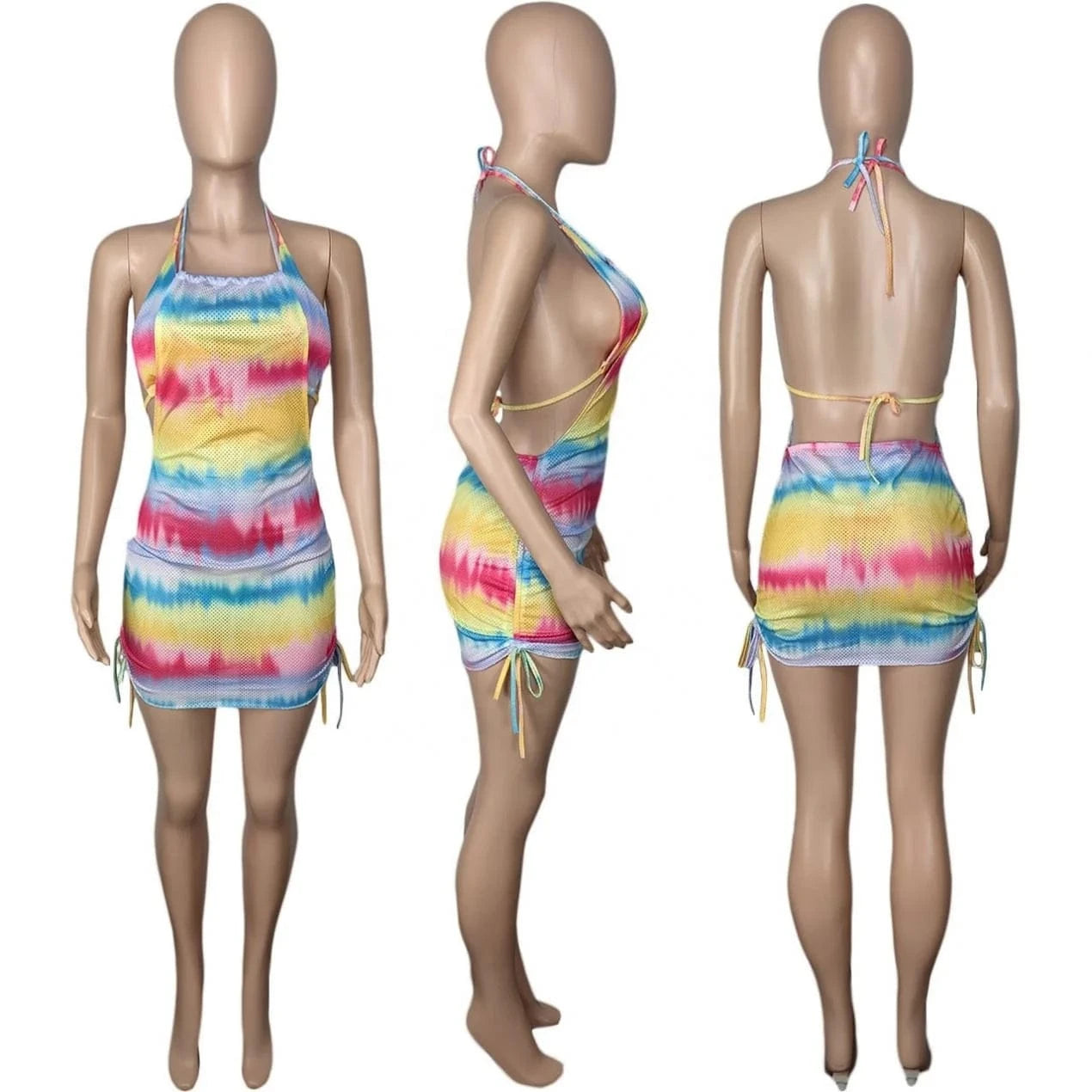 2024 New Mesh Mini Bikini Set Hook Flower Hollow Sexy Skinny Solid Color Beach Vacation Bandage Backless Three Piece Swimsuit