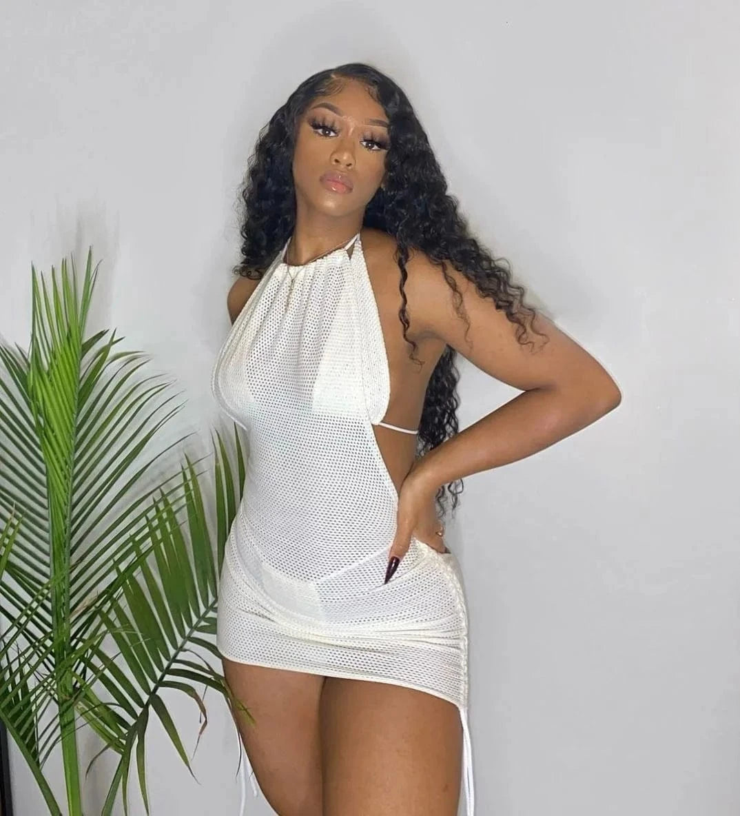 2024 New Mesh Mini Bikini Set Hook Flower Hollow Sexy Skinny Solid Color Beach Vacation Bandage Backless Three Piece Swimsuit