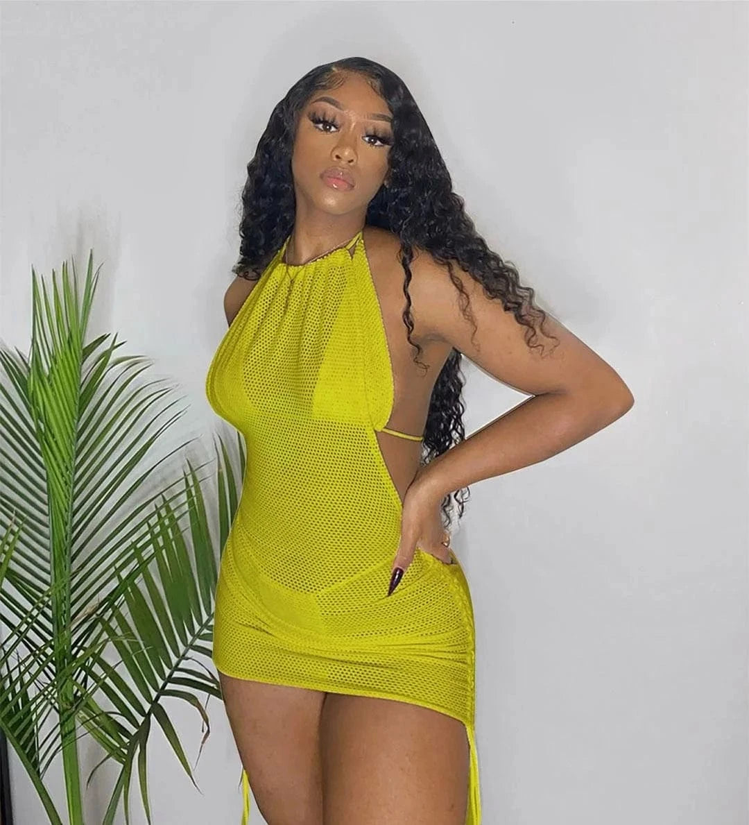 2024 New Mesh Mini Bikini Set Hook Flower Hollow Sexy Skinny Solid Color Beach Vacation Bandage Backless Three Piece Swimsuit