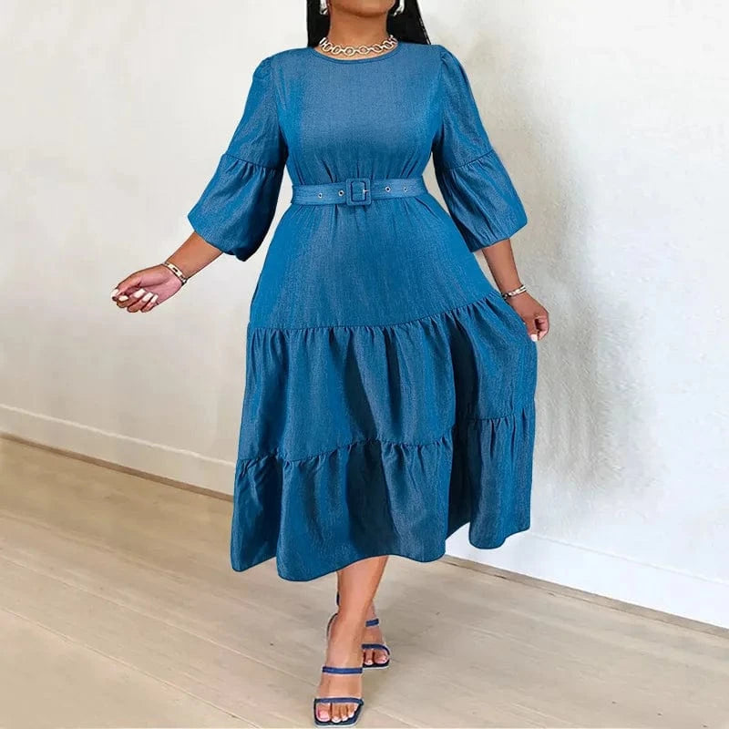 2024 new oversized women's pleated skirt includes a belt with slight reflection and color changing xl-5xl women's denim dress