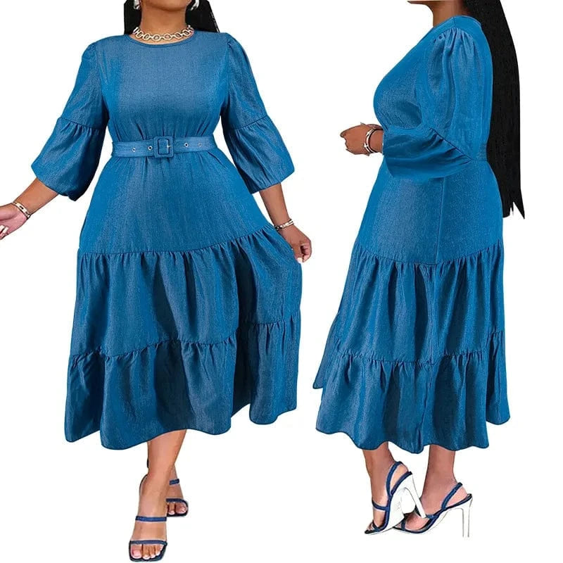 2024 new oversized women's pleated skirt includes a belt with slight reflection and color changing xl-5xl women's denim dress