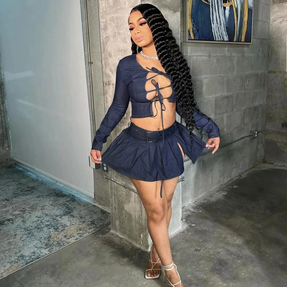 2024 New Peoduct Mini Skirt Set Womens Casual Denim Suit Stretch Denim Camisole Crop Top Two Piece Set