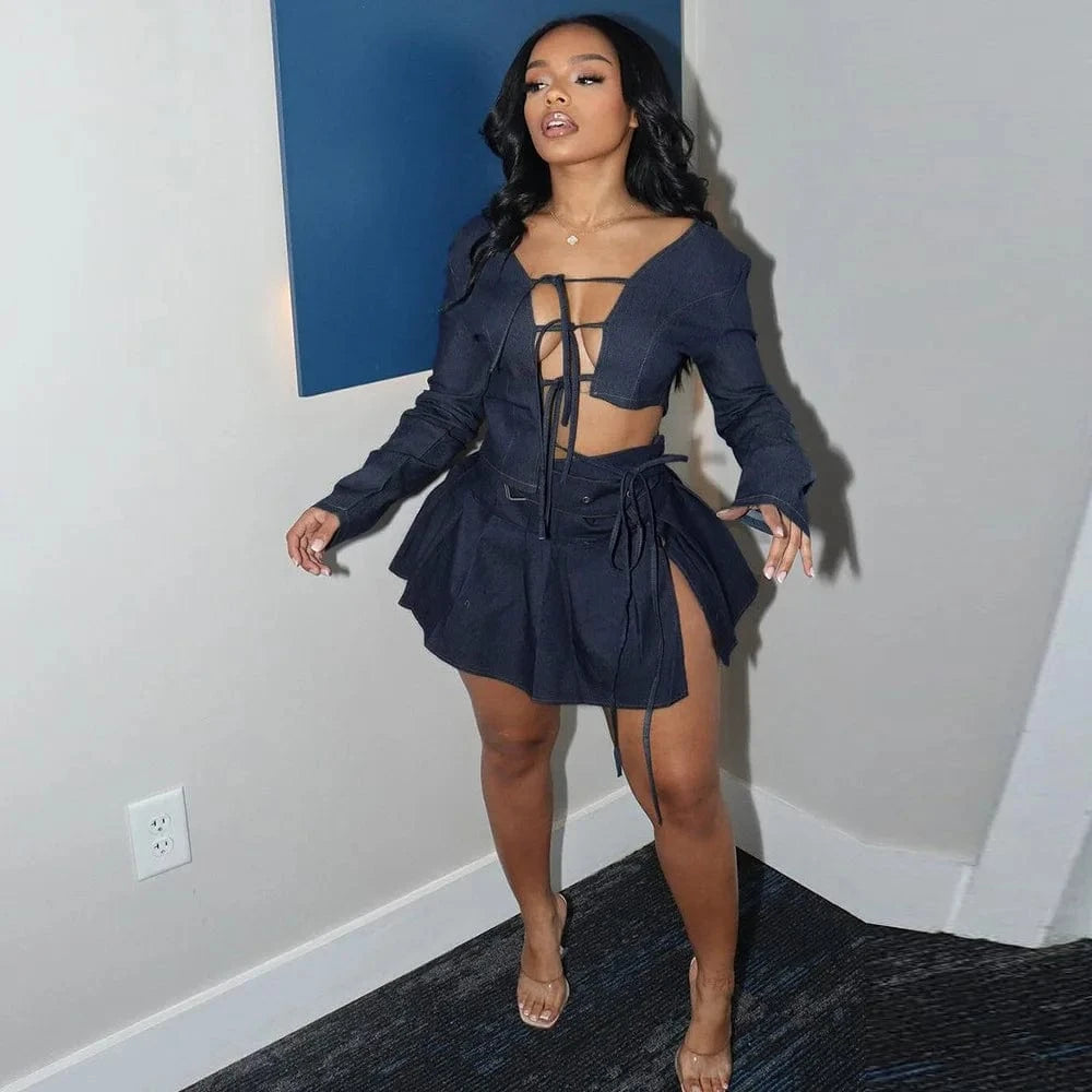 2024 New Peoduct Mini Skirt Set Womens Casual Denim Suit Stretch Denim Camisole Crop Top Two Piece Set