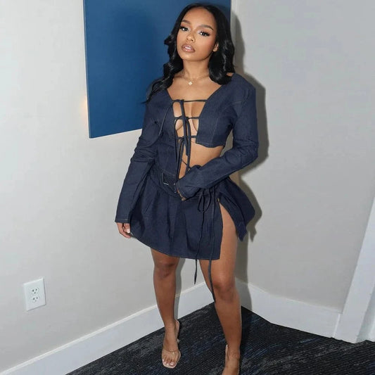 2024 New Peoduct Mini Skirt Set Womens Casual Denim Suit Stretch Denim Camisole Crop Top Two Piece Set