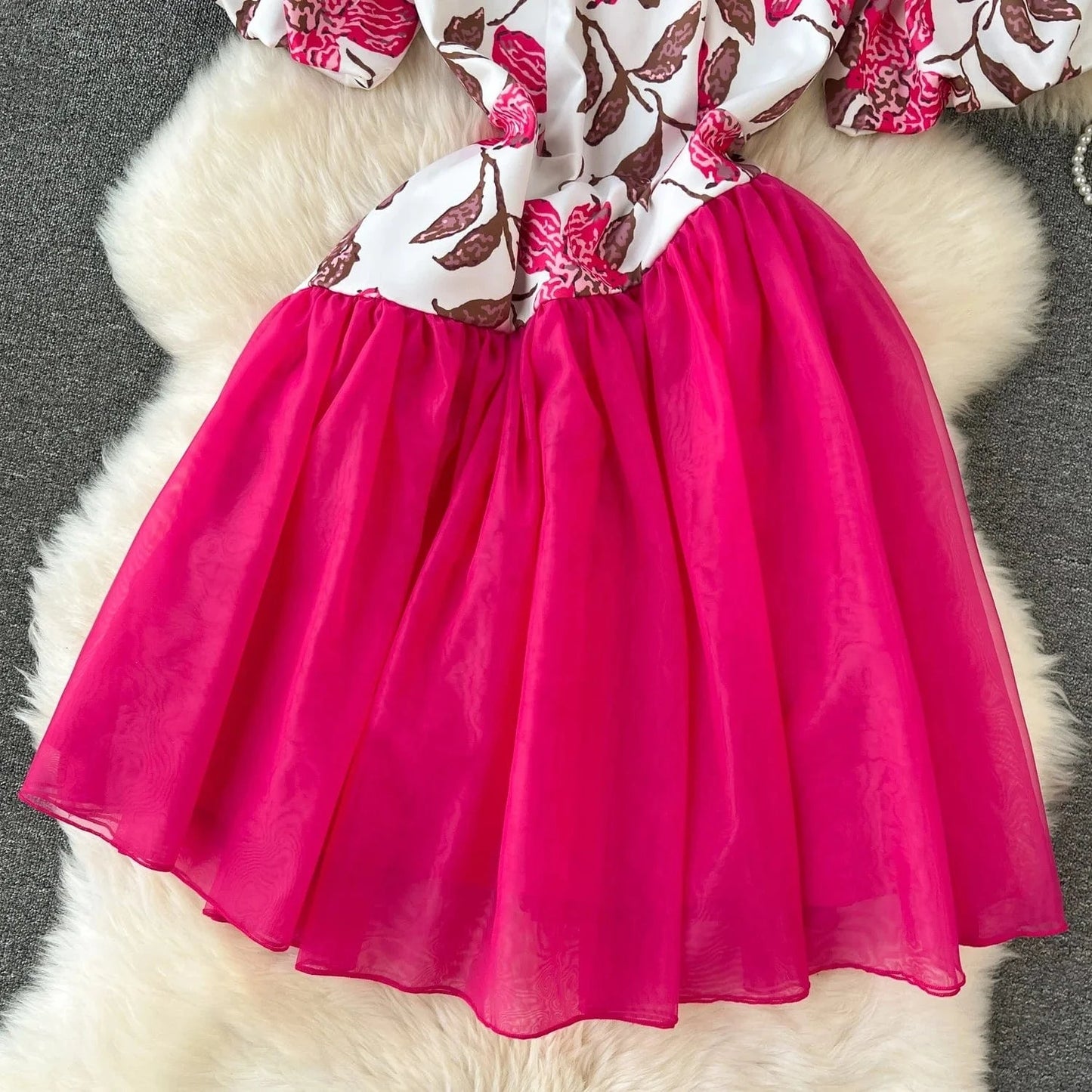 2024 New Plus Size High Quality American Style Tunic Slim Midi Dress For Women Puff Sleeve Empire Patchwork Mesh Vestidos Clothe