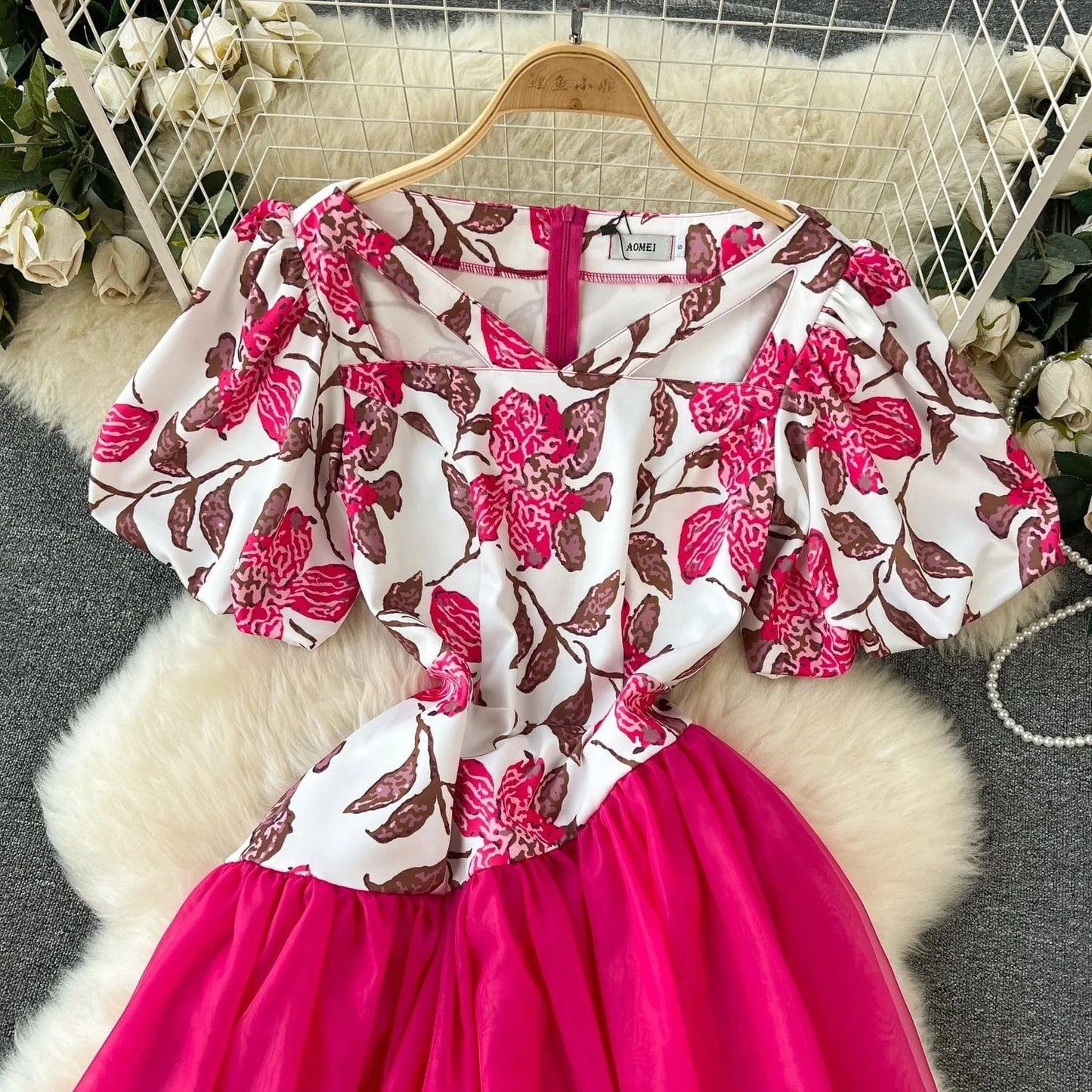 2024 New Plus Size High Quality American Style Tunic Slim Midi Dress For Women Puff Sleeve Empire Patchwork Mesh Vestidos Clothe