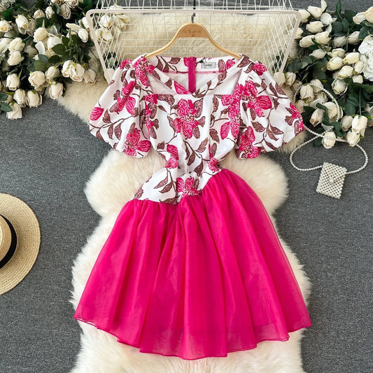 2024 New Plus Size High Quality American Style Tunic Slim Midi Dress For Women Puff Sleeve Empire Patchwork Mesh Vestidos Clothe