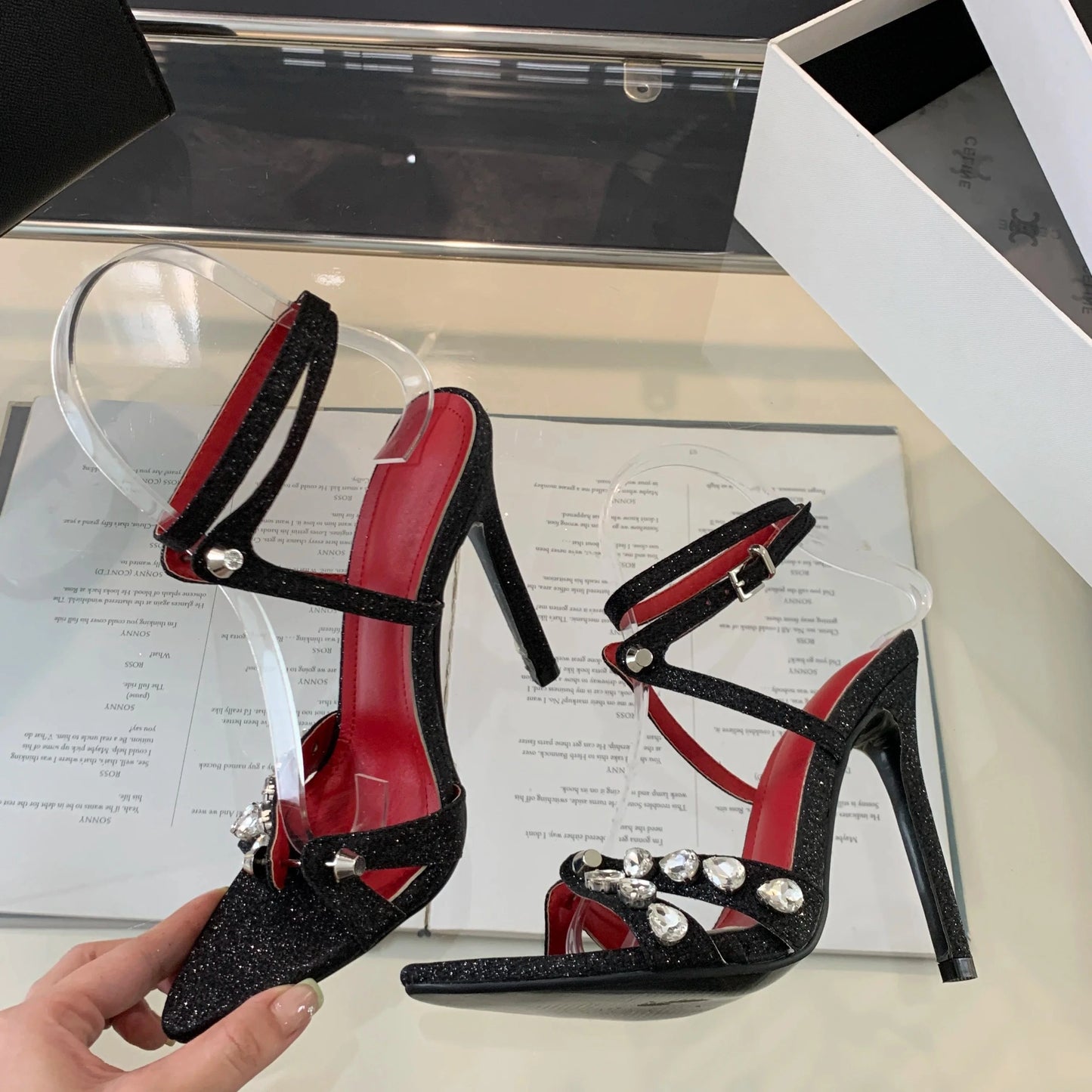2024 New pointed rhinestone decorative high heel women's sandals sequined women's sandals 35-42