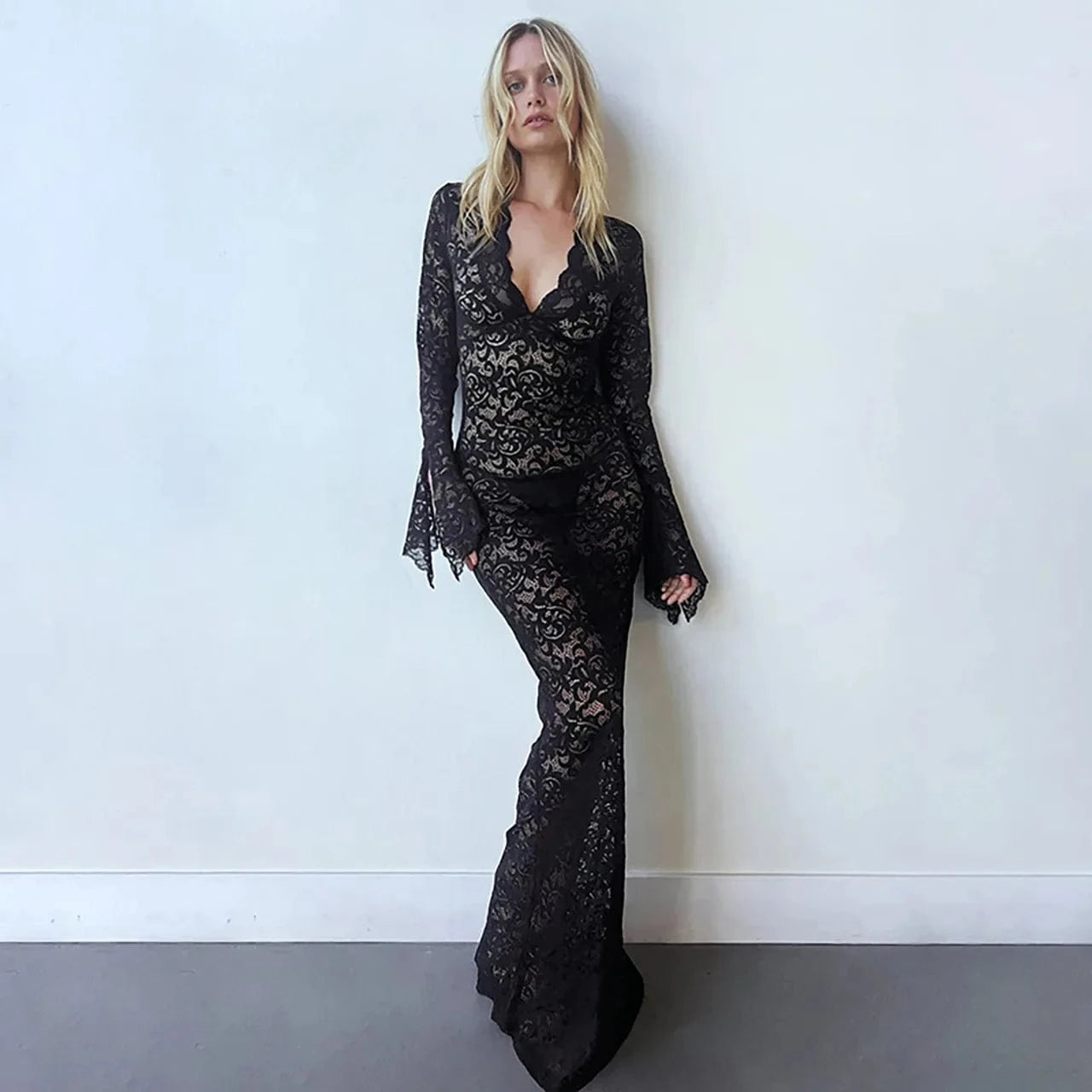 2024 new products Dresses Women spring Women Clothing V-neck lace flared sleeve fishtail sexy dress